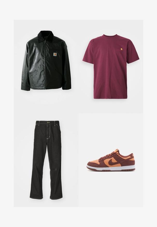 Svart zip-up jakke laget av jevnt, blankt materiale. Har en kordfløyelskrage, to frontlommer og en liten logo-lapp på brystet.; Burgunderfarget bomull t-skjorte med korte ermer og rund hals. Har en gullbrodert logo på brystet. Enkelt design.; Svarte denimbukser med løs passform, med kontrastfylt hvit søm, knappelukking og rett ben-design.; Nike Dunk sneakers med en brun og oransje overdel, i semsket skinn og lærmaterialer, hvit mellomsåle og teksturert gummisåle.