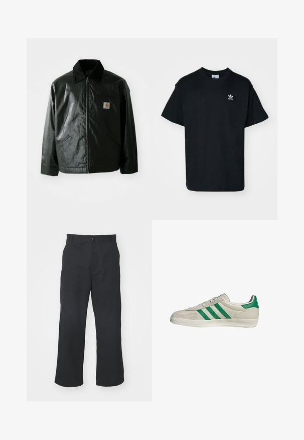 Black zip-up jacket made of smooth, shiny material. Features a corduroy collar, two front pockets, and a small logo patch on the chest.; Black cotton t-shirt with a crew neck and short sleeves, featuring a small white Adidas logo on the left chest area.; Black, straight-leg trousers made of fabric with a smooth texture, featuring a front button closure and standard pockets.; Beige sneaker with green stripes, featuring a white sole and a smooth leather upper. Side view highlighting lace details and logo.