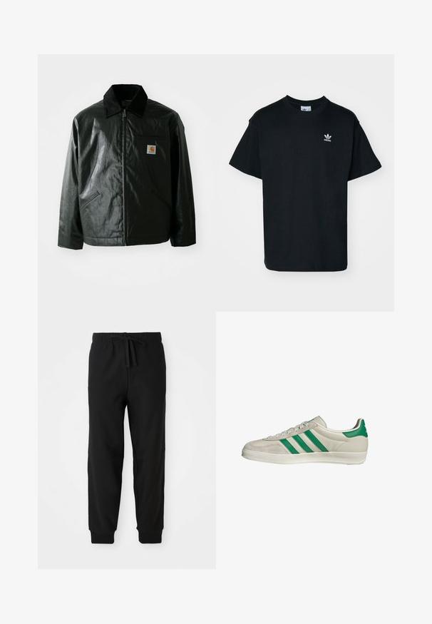 Black zip-up jacket made of smooth, shiny material. Features a corduroy collar, two front pockets, and a small logo patch on the chest.; Black cotton t-shirt with a crew neck and short sleeves, featuring a small white Adidas logo on the left chest area.; Black sweatpants with an elastic waistband and adjustable drawstring. Fitted cuffs and side seams create a streamlined silhouette.; Beige sneaker with green stripes, featuring a white sole and a smooth leather upper. Side view highlighting lace details and logo.