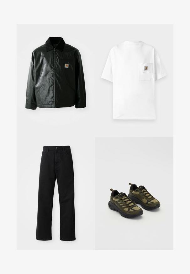 Casaco preto com fecho éclair, feito de material liso e brilhante. Apresenta um colarinho de veludo, dois bolsos frontais e um pequeno emblema no peito.; T-shirt branca de algodão com decote redondo, mangas curtas e um bolso no peito com um emblema. Design minimalista e textura sem costuras.; Calças de ganga pretas com corte direito, apresentando bolsos frontais, fecho de zip e um único botão na parte superior. Tecido texturizado com um acabamento mate.; Ténis desportivos verdes e pretos com um cabedal texturizado, painéis em malha, sola resistente e design com atacadores, com ponta e calcanhar reforçados.