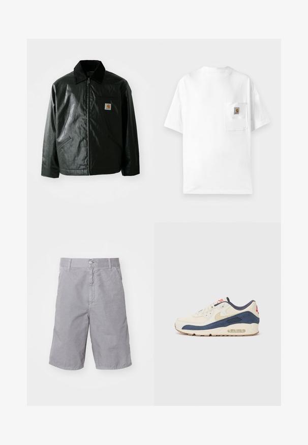 Svart zip-up jakke laget av jevnt, blankt materiale. Har en kordfløyelskrage, to frontlommer og en liten logo-lapp på brystet.; Hvit bomulls t-skjorte med rund hals, korte ermer og brystlomme med logo-patch. Minimalistisk design og sømløs tekstur.; Grå bomullsshorts med knappelukking, flat front, sidelommer og rett ben-design. Myk tekstur og avslappet passform.; Sko med overdel i kremfarget lær og marineblå semsket skinn, med synlig luftsåle, beige gummisåle og rød detalj på hælen.