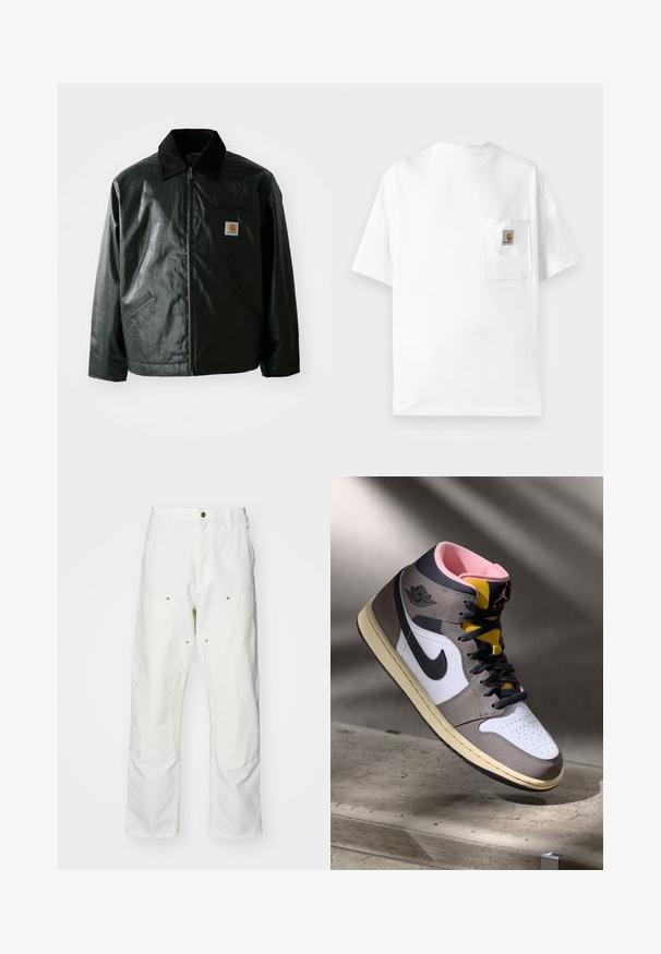 Schwarze Zip-Jacke aus glattem, glänzendem Material. Verfügt über einen Cordkragen, zwei Fronttaschen und ein kleines Logo-Patch auf der Brust.; Weißes Baumwoll-T-Shirt mit rundem Halsausschnitt, kurzen Ärmeln und einer Brusttasche mit Logoplatte. Minimalistisches Design und nahtlose Textur.; Weiße Baumwoll-Cargohose mit lockerer Passform. Zu den Merkmalen gehören Fronttaschen, goldfarbene Hardware-Akzente und verstärkte Kniebereiche.; Hohe Nike Air Jordan Sneaker in Weiß, Grau und Schwarz mit pinkem Innenfutter und gelber Zunge, auf einer Betontfläche platziert.