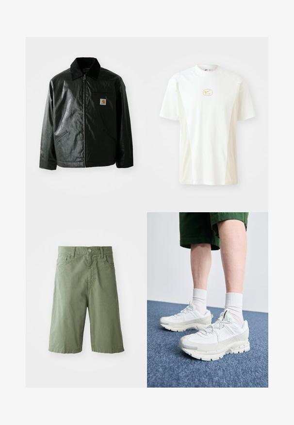 Černá zipová bunda vyrobená z hladkého, lesklého materiálu. Má jemný manžetový límec, dvě přední kapsy a malou značkovou nášivku na hrudi.; Krátký rukáv, tričko s kulatým výstřihem v bílé a světle béžové barvě. Obsahuje malé zlaté logo Nike na hrudi a hladkou bavlněnou texturu.; Zelené bavlněné šortky s volným střihem, které mají dvě přední kapsy, zapínání na knoflík a délku až ke kotníkům. Hladká textura.; Bílé sportovní boty s texturovanými překryvy, masivní podrážkou a šedými akcenty. Na nohou mají bílé ponožky a zelené šortky na modrém povrchu.