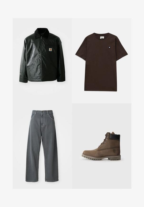 Black zip-up jacket made of smooth, shiny material. Features a corduroy collar, two front pockets, and a small logo patch on the chest.; Dark brown short-sleeve t-shirt with a round neckline and a small black and white logo patch on the upper left chest.; Gray denim wide-leg pants with a high waist, featuring front pockets, belt loops, and a button closure at the waistband.; Brown leather ankle boot with black collar, metal eyelets, and rugged gray sole. Features logo on side and stitched detailing.