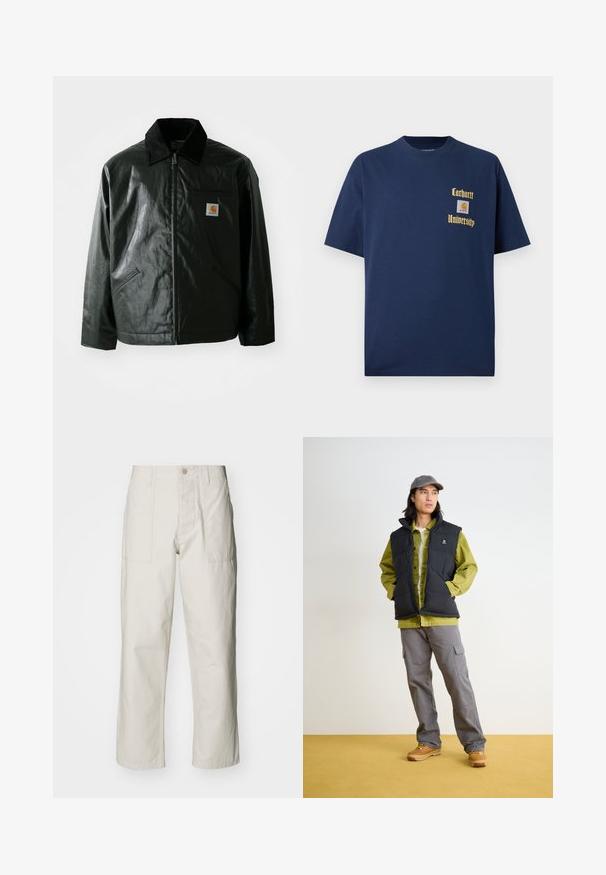 Černá zipová bunda vyrobená z hladkého, lesklého materiálu. Má jemný manžetový límec, dvě přední kapsy a malou značkovou nášivku na hrudi.; Námořnická modrá bavlněná tričko s krátkým rukávem, se zlatým textem "Carhartt University" a nášivkou na levé hrudi.; Světle béžové kalhoty s širokými nohavicemi vyrobené z bavlny. Obsahují přední kapsy a zapínání na knoflík. Hladký povrch s jemnými vertikálními pruhy.; Černá péřová vesta s vysokým límcem přes zelenou košilovou košili, šedé cargo kalhoty a světle hnědé boty. Šedá kšiltovka dodává outfitu šmrnc.
