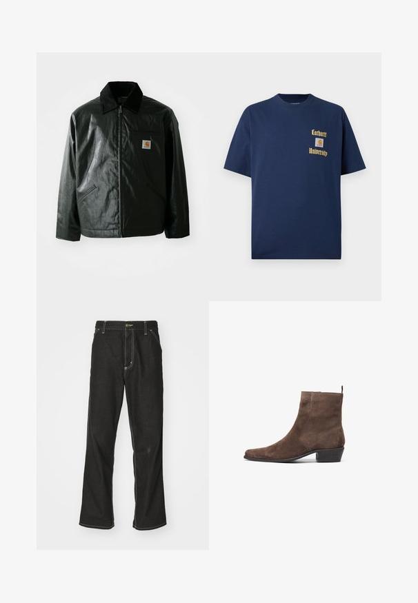 Jachetă neagră cu fermoar, confecționată dintr-un material neted și lucios. Prezintă un guler din catifea, două buzunare frontale și un mic logo brodat pe piept.; Tricou din bumbac bleumarin cu mâneci scurte, având inscripția aurie "Carhartt University" și o etichetă cu logo pe partea stângă a pieptului.; Jeans negri din denim, cu o croială largă, cu cusături albe contrastante, închidere cu nasture și un design cu picior drept.; Botine din suede maro cu vârf ascuțit, toc mic și bloc, și o buclă în spate pentru a fi ușor de purtat. Textură netedă și design simplu.