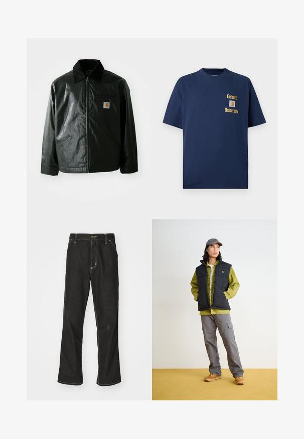Chaqueta negra con cremallera hecha de un material liso y brillante. Presenta un cuello de pana, dos bolsillos frontales y un pequeño parche con el logo en el pecho.; Camiseta de algodón azul marino de manga corta, con texto dorado "Carhartt University" y un parche de logo en el lado izquierdo del pecho.; Jeans de mezclilla negra con un corte holgado, que cuentan con costuras blancas contrastantes, cierre de botón y un diseño de pierna recta.; Chaleco acolchado negro con cuello alto sobre una camisa de botones verde, pantalones de carga grises y zapatos marrón claro. Una gorra gris completa el atuendo.