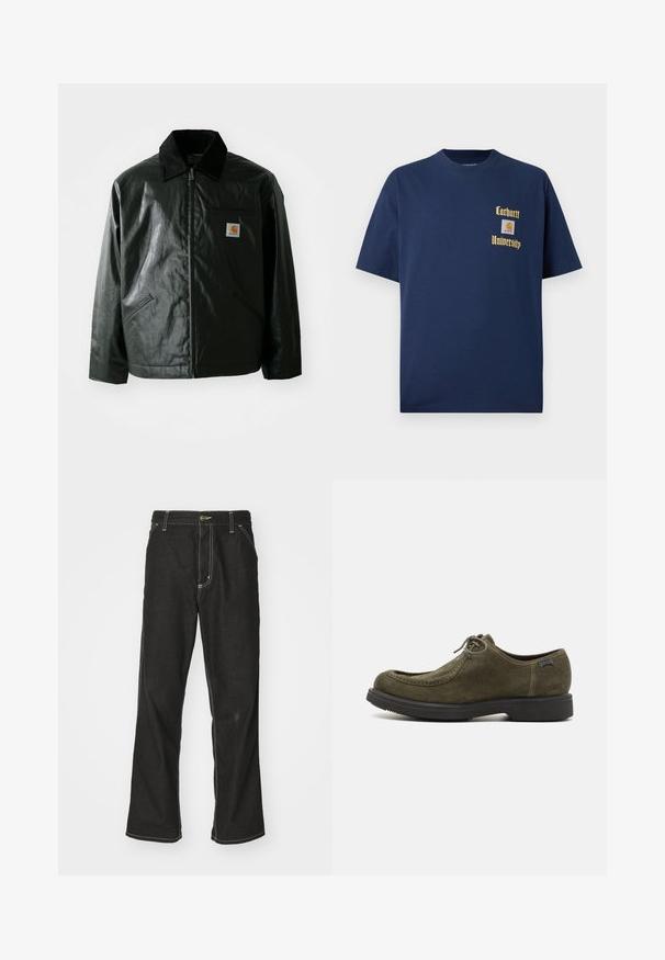 Μαύρο μπουφάν με φερμουάρ, φτιαγμένο από λείο, γυαλιστερό υλικό. Διαθέτει κοτλέ γιακά, δύο μπροστινές τσέπες και μια μικρή ετικέτα λογότυπου στο στήθος.; Σκούρο μπλε βαμβακερό T-shirt με κοντά μανίκια, με χρυσό κείμενο "Carhartt University" και λογότυπο ραμμένο στο αριστερό στήθος.; Μαύρα τζιν παντελόνια με χαλαρή εφαρμογή, που διαθέτουν λευκές ραφές σε αντίθεση, κλείσιμο με κουμπί και ίσια γραμμή.; Σκούρο πράσινα σουέτ παπούτσια με λεία υφή, διαθέτοντας στρογγυλή μύτη, ραμμένες λεπτομέρειες και μαύρη καουτσούκ σόλα.