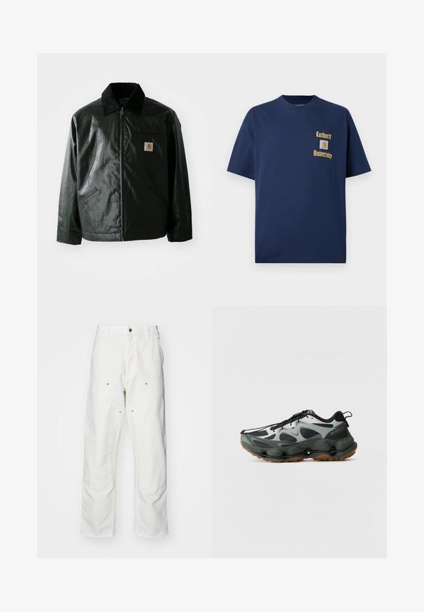 Sort lynlåsejakke lavet af glat, blankt materiale. Har en kordfløjlsfarvet krave, to forlommer og et lille logo-patch på brystet.; Marineblå bomulds T-shirt med korte ærmer, der har guld tekst "Carhartt University" og et logo patch på venstre bryst.; Hvide bomulds cargo bukser med en afslappet pasform. Funktioner inkluderer for- og baglommer, guldfarvede hardware detaljer og forstærkede knæsektioner.; Sorte og grå atletiksko med mesh-overdel, skulptureret sål og gummisål. Har et sikkert snøresystem og en trækflap ved hælen.