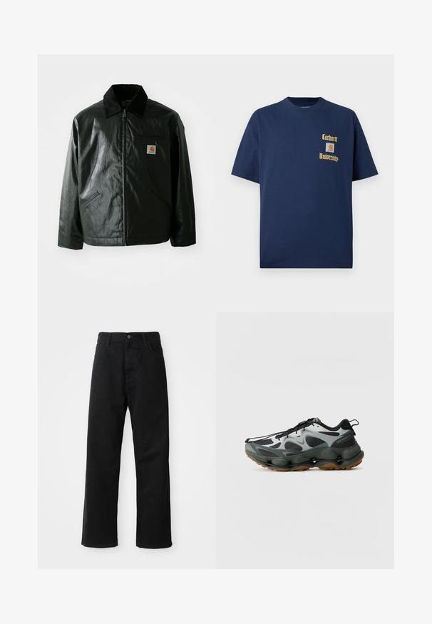 Juodas užtrauktuku užsegamas švarkas, pagamintas iš glotnaus, blizgaus medžiagos. Savybė - keteros apykaklė, dvi priekinės kišenės ir mažas logotipo ženklelis ant krūtinės.; Tamsiai mėlyna medvilninė marškinėliai trumpomis rankovėmis, su auksiniu tekstu "Carhartt University" ir logotipo siuviniu kairėje krūtinės pusėje.; Juodo džinsinio audinio keliaraiščiai su tiesia iškarpa, turintys priekinės kišenes, užtrauktuką ir vieną viršutinį mygtuką. Audinys tekstūruotas, su matinio paviršiaus apdaila.; Juoda ir pilka sportinė avalynė su tinklinėmis viršutinėmis dalimis, išskulptu padu ir guminiu padu. Yra saugi raištelių sistema ir užtrauktukas ant kulno.