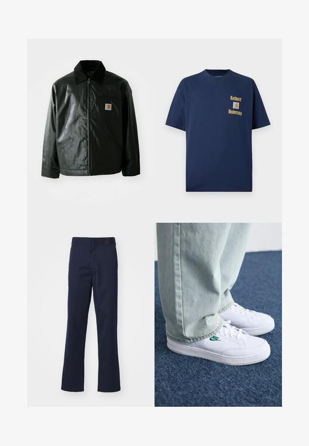 Zwarte ritssluiting jas van glad, glanzend materiaal. Heeft een corduroy kraag, twee voorzakken en een klein logo label op de borst.; Marineblauwe katoenen T-shirt met korte mouwen, voorzien van gouden tekst "Carhartt University" en een logo-label op de linkerborst.; Marineblauwe broek van stof, met een recht model, riemlussen en een nette afwerking aan de zoom. Geen zichtbare patronen of accenten.; Witte leren sneakers met groen Nike-logo, ronde neus, platte zool, gedragen met lichtblauwe denim broek, weergegeven op een blauwe vloerkleed.