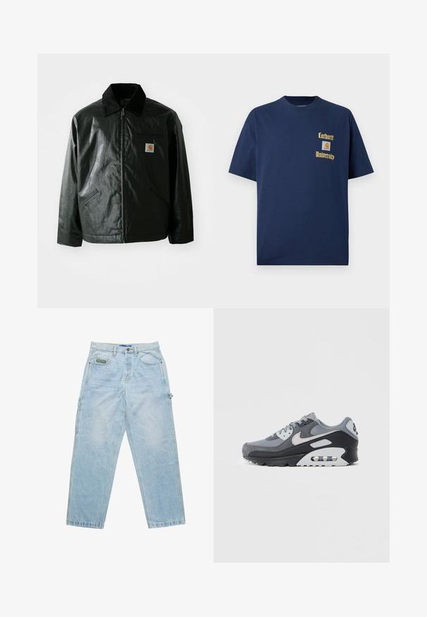 Čierna bundu na zips vyrobenú z hladkého, lesklého materiálu. Obsahuje kordový golier, dve predné vrecká a malú nášivku s logom na hrudi.; Námornícky modré bavlnené tričko s krátkymi rukávmi, s vyšívaným zlatým textom "Carhartt University" a nášivkou loga na ľavom prsníku.; Svetlo modré denimové nohavice s voľným strihom, designom s piatimi vreckami a viditeľným šitím. Obsahujú značkovú nálepku na prednom vrecku.; Šedá teniska s kombináciou sieťoviny a semišu, čiernou podrážkou a viditeľnou vzduchovou jednotkou. Výrazné svetlosivé doplnky a šnúrky.