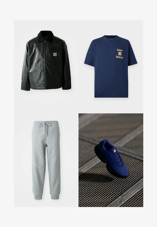 Giacca nera con zip realizzata in materiale liscio e lucido. Presenta un colletto in corduroy, due tasche frontali e una piccola patch con logo sul petto.; T-shirt in cotone blu navy con maniche corte, caratterizzato da testo dorato "Carhartt University" e un patch del logo sul lato sinistro del petto.; Pantaloni jogger grigi in fleece con vita elastica, cordino e caviglie elasticizzate. Presentano un tessuto testurizzato e dettagli di cucitura sottili.; Scarpa sportiva blu con tomaia testurizzata, suola nera e lacci. Presenta il marchio "air" sulla linguetta e elementi di ammortizzazione dell'aria visibili.