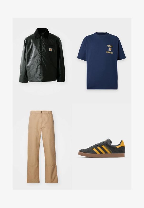Casaco preto com fecho éclair, feito de material liso e brilhante. Apresenta um colarinho de veludo, dois bolsos frontais e um pequeno emblema no peito.; T-shirt de algodão azul-marinho com mangas curtas, apresentando texto dourado "Carhartt University" e um emblema no lado esquerdo do peito.; Calças largas beiges feitas de lona, com bolsos frontais, detalhes em dourado e um design à frente plano.; Tenis em camurça preta com detalhes amarelos, apresentando três riscas e uma sola de borracha castanha. Inclui uma língua acolchoada para maior conforto.