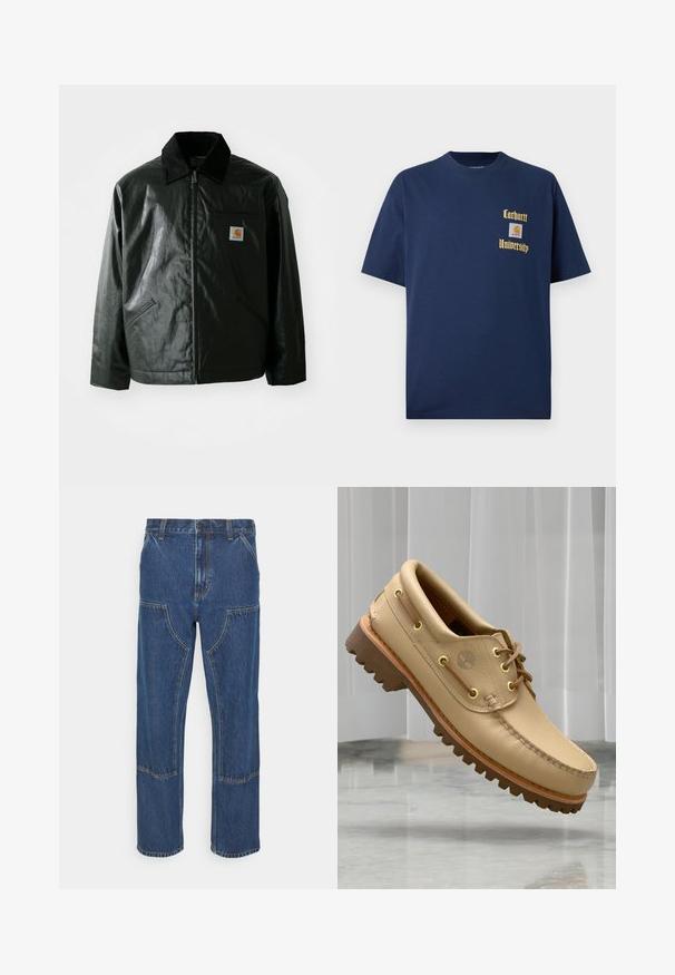Svart zip-up jakke laget av jevnt, blankt materiale. Har en kordfløyelskrage, to frontlommer og en liten logo-lapp på brystet.; Mørk blå bomull t-skjorte med korte ermer, med gulltekst "Carhartt University" og et logo-patch på venstre bryst.; Blå denimjeans med rette ben, frontlommepakker og kontrasterende sømmer. Stoffet har en klassisk tekstur og finish.; Lys brun lær båt sko med tykk, rutfot og snøre detaljer, svevende over en marmorgulv og bakgrunn med hvite vertikale persienner.
