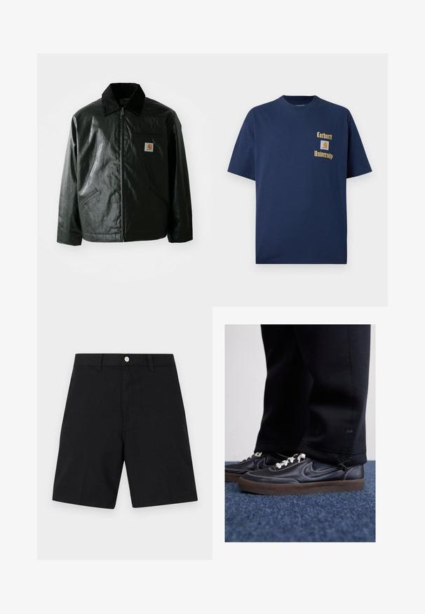 Svart zip-up jakke laget av jevnt, blankt materiale. Har en kordfløyelskrage, to frontlommer og en liten logo-lapp på brystet.; Mørk blå bomull t-skjorte med korte ermer, med gulltekst "Carhartt University" og et logo-patch på venstre bryst.; Sorte bomullsshortser med en linning med en sølvknapp, rett ben-design og minimale søm-detaljer for et rent utseende.; Nike Sportswear KILLSHOT 2 LTR PRM OPP2 - Joggesko - black sail baroque brown mtlc dk grey