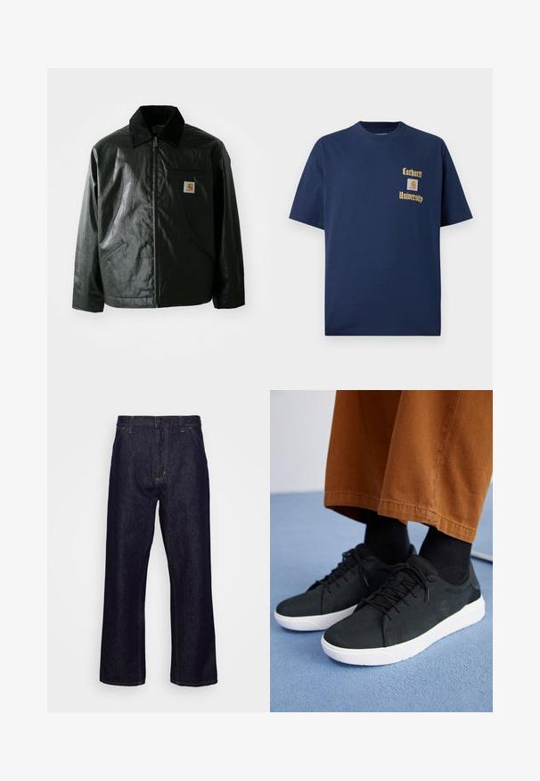 Veste noire zippée en matériau lisse et brillant. Elle dispose d'un col en velours côtelé, de deux poches avant et d'un petit écusson logo sur la poitrine.; T-shirt en coton bleu marine à manches courtes, avec le texte doré "Carhartt University" et un écusson logo sur la poitrine gauche.; Jean en denim droit bleu foncé avec poches avant, passants de ceinture, braguette zippée et fermeture à bouton, présenté sur un fond blanc uni.; Baskets en suede noir avec semelles en caoutchouc blanc, présentant un design à lacets, des accents texturés et une branding discrète, associées à un pantalon marron.