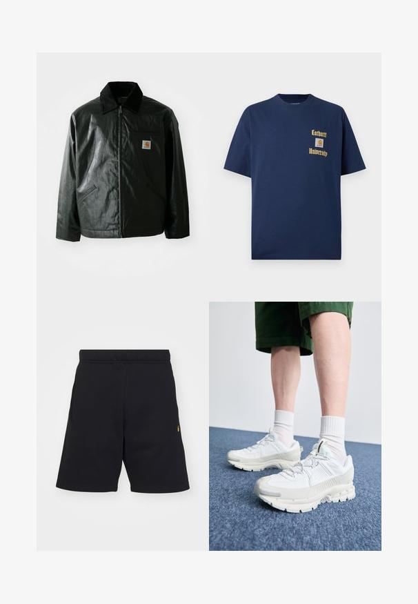 Melnā zip-up jaka, izgatavota no gludas, spīdīgas materiāla. Ir korduroja apkakle, divas priekšējās kabatas un neliela logo placdarma uz krūtīm.; Tumši zila kokvilnas T-krekls ar īsām piedurknēm, ar zelta tekstu "Carhartt University" un logo uzšuvumu kreisajā krūtī.; Melnas bikses, izgatavotas no mīksta auduma, ar elastīgu jostasvietu, sānu kabatām un mazu zelta logotipu akcentu kreisajā apakšējā stūrī.; Baltas sporta apavi ar teksturētām detaļām, masīvu zoli un pelēkiem akcentiem. Valkāti ar baltiem zeķu pēdu apģērbiem un zaļām šortiem uz zilas virsmas.