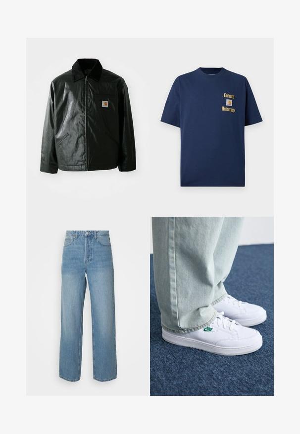 Μαύρο μπουφάν με φερμουάρ, φτιαγμένο από λείο, γυαλιστερό υλικό. Διαθέτει κοτλέ γιακά, δύο μπροστινές τσέπες και μια μικρή ετικέτα λογότυπου στο στήθος.; Σκούρο μπλε βαμβακερό T-shirt με κοντά μανίκια, με χρυσό κείμενο "Carhartt University" και λογότυπο ραμμένο στο αριστερό στήθος.; Υψηλής μέσης ανοιχτόχρωμα μπλε τζιν παντελόνια με ίσιες γραμμές, μπροστινό κούμπωμα και στυλ πέντε τσέπων σε απλό φόντο.; Λευκά δερμάτινα sneakers με πράσινο λογότυπο Nike, στρογγυλή μύτη, επίπεδη σόλα, συνδυασμένα με ανοιχτό μπλε τζην παντελόνι, τοποθετημένα σε μπλε χαλί.