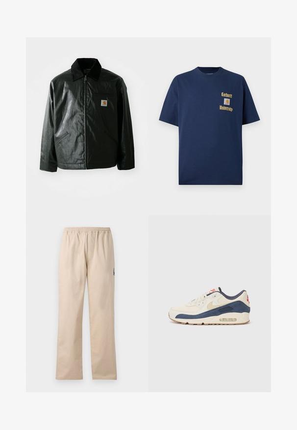 Casaco preto com fecho éclair, feito de material liso e brilhante. Apresenta um colarinho de veludo, dois bolsos frontais e um pequeno emblema no peito.; T-shirt de algodão azul-marinho com mangas curtas, apresentando texto dourado "Carhartt University" e um emblema no lado esquerdo do peito.; Calças beje, leves, em tecido trançado, com um cós elástico. Apresentam pernas retas e um pequeno detalhe em logótipo bordado na lateral.; Tênis com parte superior em couro creme e camurça azul-marinho, apresentando uma sola de ar visível, solado em borracha bege e um detalhe vermelho no calcanhar.