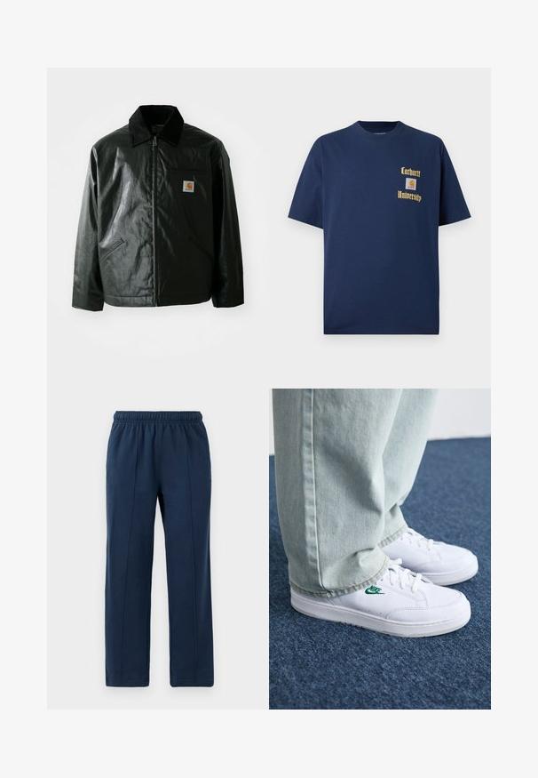 Μαύρο μπουφάν με φερμουάρ, φτιαγμένο από λείο, γυαλιστερό υλικό. Διαθέτει κοτλέ γιακά, δύο μπροστινές τσέπες και μια μικρή ετικέτα λογότυπου στο στήθος.; Σκούρο μπλε βαμβακερό T-shirt με κοντά μανίκια, με χρυσό κείμενο "Carhartt University" και λογότυπο ραμμένο στο αριστερό στήθος.; Ναυτικό μπλε παντελόνια με ελαστική μέση και χαλαρή εφαρμογή. Διαθέτουν κάθετες ραφές και απαλό βαμβακερό υφή.; Λευκά δερμάτινα sneakers με πράσινο λογότυπο Nike, στρογγυλή μύτη, επίπεδη σόλα, συνδυασμένα με ανοιχτό μπλε τζην παντελόνι, τοποθετημένα σε μπλε χαλί.