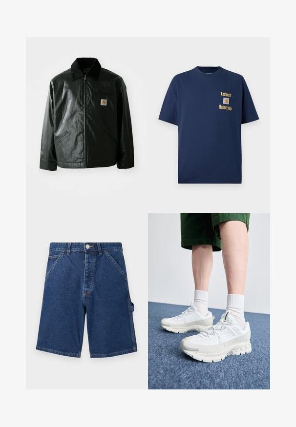 Černá zipová bunda vyrobená z hladkého, lesklého materiálu. Má jemný manžetový límec, dvě přední kapsy a malou značkovou nášivku na hrudi.; Námořnická modrá bavlněná tričko s krátkým rukávem, se zlatým textem "Carhartt University" a nášivkou na levé hrudi.; Džínové šortky v tmavě modré barvě, s klasickým pětikapsovým designem, kovovým zapínáním na knoflík a viditelným šitím podél švů.; Bílé sportovní boty s texturovanými překryvy, masivní podrážkou a šedými akcenty. Na nohou mají bílé ponožky a zelené šortky na modrém povrchu.