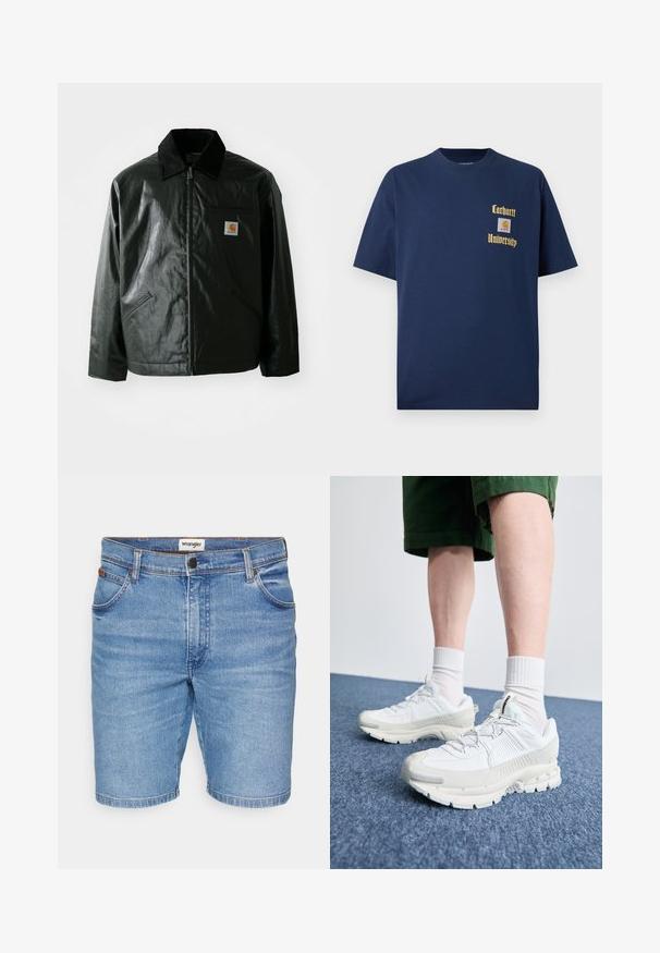 Chaqueta negra con cremallera hecha de un material liso y brillante. Presenta un cuello de pana, dos bolsillos frontales y un pequeño parche con el logo en el pecho.; Camiseta de algodón azul marino de manga corta, con texto dorado "Carhartt University" y un parche de logo en el lado izquierdo del pecho.; Wrangler TEXAS - Shorts vaqueros - guardian; Zapatillas deportivas blancas con superposiciones texturizadas, una suela gruesa y acentos grises. Llevadas con calcetines blancos hasta la pantorrilla y pantalones cortos verdes sobre una superficie azul.