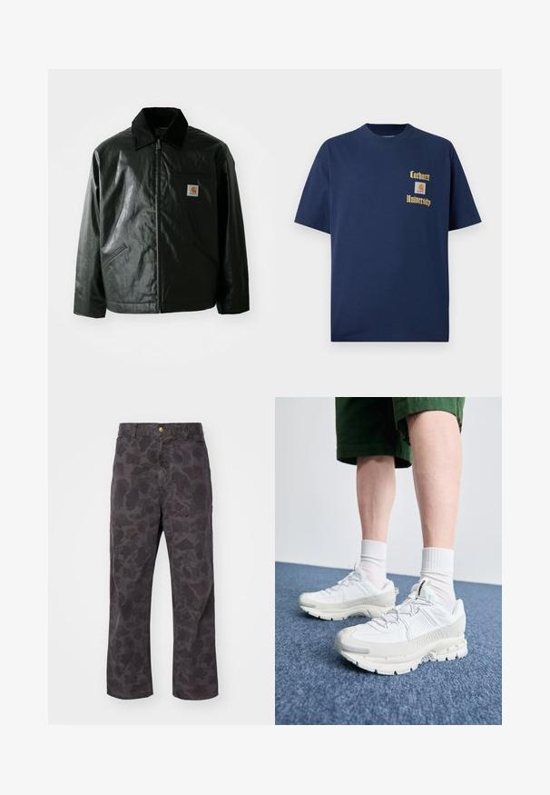 Čierna bundu na zips vyrobenú z hladkého, lesklého materiálu. Obsahuje kordový golier, dve predné vrecká a malú nášivku s logom na hrudi.; Námornícky modré bavlnené tričko s krátkymi rukávmi, s vyšívaným zlatým textom "Carhartt University" a nášivkou loga na ľavom prsníku.; Carhartt WIP DUCK SINGLE KNEE PANT - Nohavice - green/graphite garment dyed; Biele športové topánky s textúrovanými prešívaniami, robustnou podrážkou a sivými akcentami. Nosené s bielymi ponožkami po členky a zelenými šortkami na modrom povrchu.
