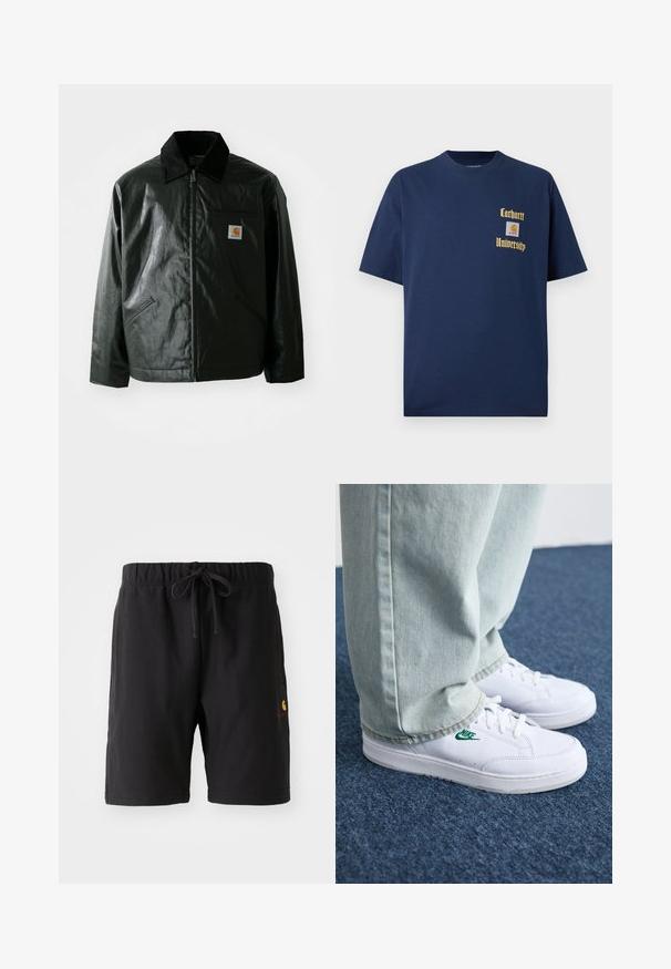 Black zip-up jacket made of smooth, shiny material. Features a corduroy collar, two front pockets, and a small logo patch on the chest.; Navy blue cotton t-shirt with short sleeves, featuring gold text "Carhartt University" and a logo patch on the left chest.; Black shorts with an elastic waistband and drawstring. Features a side pocket and a small logo in red and yellow on the lower left side.; White leather sneakers with green Nike logo, round toe, flat sole, paired with light blue denim pants, shown on a blue carpet.