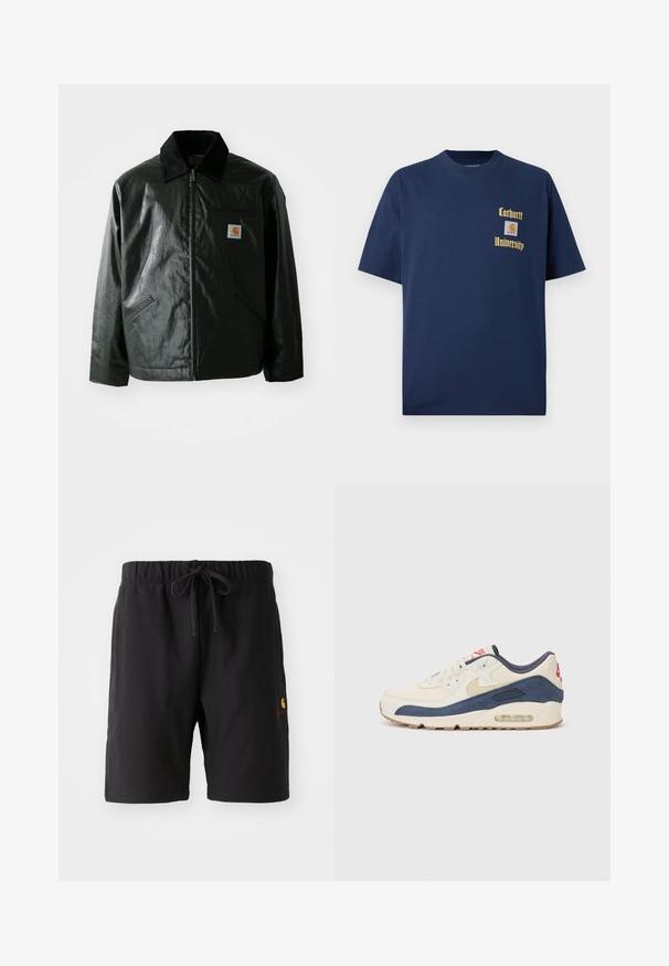 Μαύρο μπουφάν με φερμουάρ, φτιαγμένο από λείο, γυαλιστερό υλικό. Διαθέτει κοτλέ γιακά, δύο μπροστινές τσέπες και μια μικρή ετικέτα λογότυπου στο στήθος.; Σκούρο μπλε βαμβακερό T-shirt με κοντά μανίκια, με χρυσό κείμενο "Carhartt University" και λογότυπο ραμμένο στο αριστερό στήθος.; Μαύρες βερμούδες με ελαστική μέση και κορδόνι. Διαθέτει πλαϊνή τσέπη και ένα μικρό λογότυπο σε κόκκινο και κίτρινο στο κάτω αριστερό μέρος.; Αθλητικά παπούτσια με επάνω μέρος από κρεμ δέρμα και ναυτικό σουέτ, διαθέτοντας ορατή σόλα αέρος, μπεζ καουτσούκ σόλα και κόκκινη λεπτομέρεια στη φτέρνα.