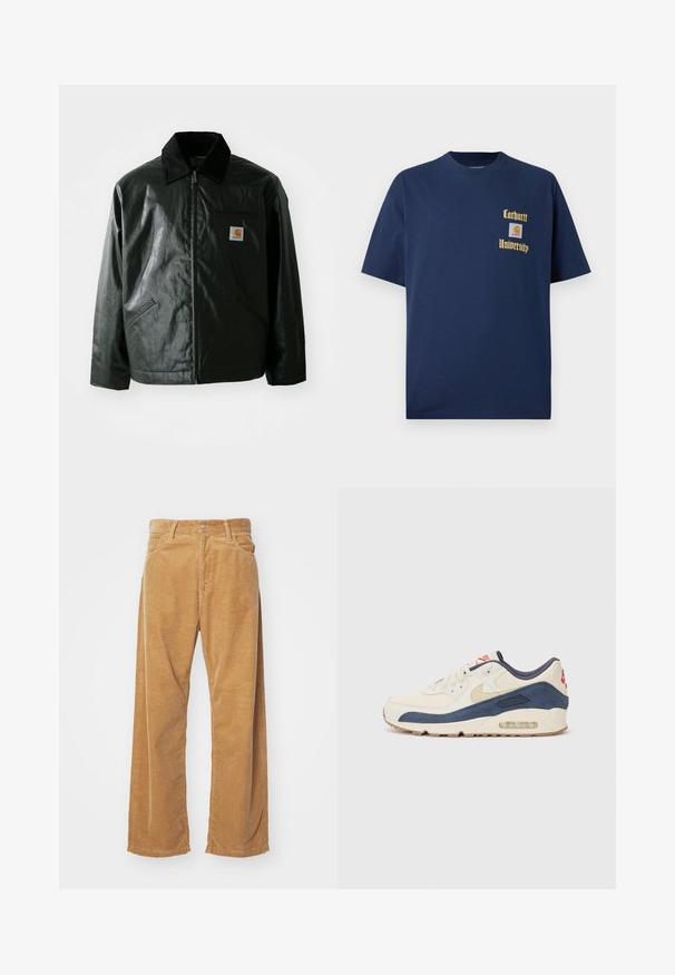 Crna zip-up jakna izrađena od glatkog, sjajnog materijala. Ima okovratnik od kordura, dva prednja džepa i mali logotip na prsima.; Tamno plavi pamukasti majica s kratkim rukavima, s zlatnim natpisom "Carhartt University" i logotipom na lijevoj strani grudi.; Pamučne široke hlače od kordura u boji tamne bež. Imaju teksturirane, vertikalne pruge, standardni pojas i dva prednja džepa.; Tenisice s gornjim dijelom od kremaste kože i tamnoplavog antilopa, sa vidljivim zračnim uloškom, bež gumiranim potplatom i crvenim naglaskom na peti.