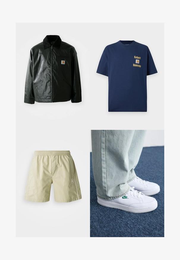 Czarna kurtka zapinana na zamek, wykonana z gładkiego, błyszczącego materiału. Posiada kołnierz z kordurowej tkaniny, dwie przednie kieszenie oraz małą naszywkę z logo na klatce piersiowej.; Granatowa bawełniana koszulka z krótkim rękawem, z złotym napisem "Carhartt University" oraz naszywką z logo na lewej piersi.; Jasnozielone szorty z gładkiego materiału z elastycznym paskiem w talii, bocznymi kieszeniami, białymi akcentami i logo na lewej nodze.; Białe skórzane sneakersy z zielonym logo Nike, okrągły czubek, płaska podeszwa, zestawione z jasnoniebieskimi dżinsami, pokazane na niebieskim dywanie.