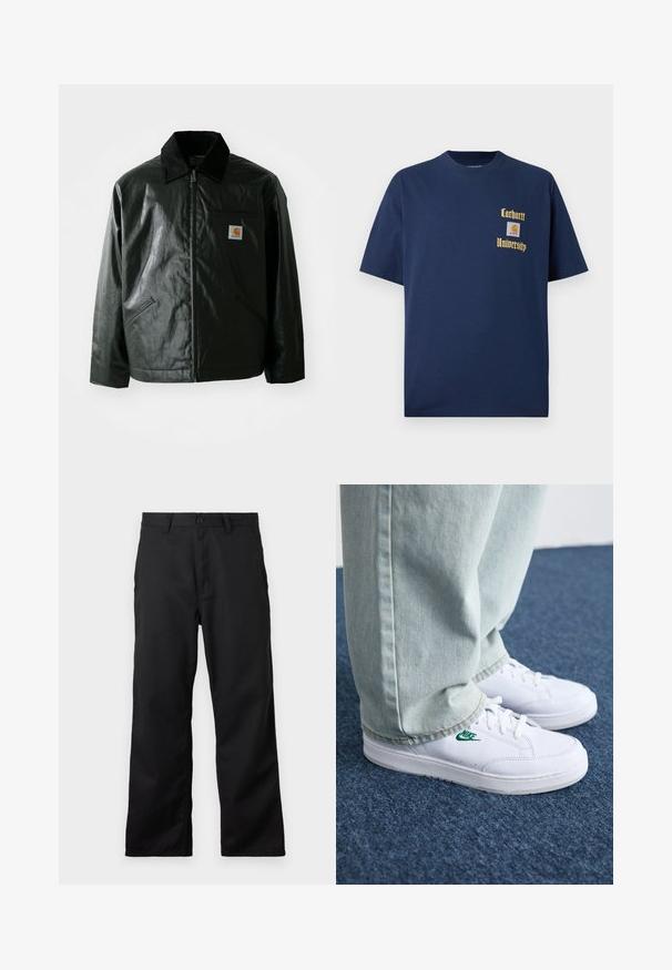 Black zip-up jacket made of smooth, shiny material. Features a corduroy collar, two front pockets, and a small logo patch on the chest.; Navy blue cotton t-shirt with short sleeves, featuring gold text "Carhartt University" and a logo patch on the left chest.; Black trousers made of sturdy fabric, featuring a zip and button closure, and a straight leg cut with side pockets. Simple design, no patterns.; White leather sneakers with green Nike logo, round toe, flat sole, paired with light blue denim pants, shown on a blue carpet.