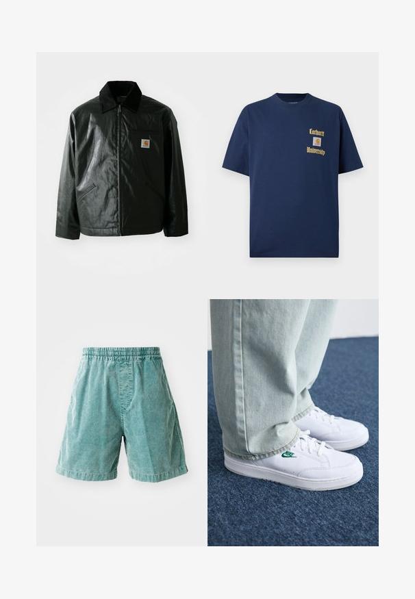 Casaco preto com fecho éclair, feito de material liso e brilhante. Apresenta um colarinho de veludo, dois bolsos frontais e um pequeno emblema no peito.; T-shirt de algodão azul-marinho com mangas curtas, apresentando texto dourado "Carhartt University" e um emblema no lado esquerdo do peito.; Calções de cordura turquoise com cintura elástica, apresentando bolsos laterais e um corte reto. Tecido texturizado com sulcos visíveis.; Tênis de couro brancos com logo verde da Nike, bico redondo, sola plana, combinados com calças de denim azul claro, exibidos sobre um tapete azul.