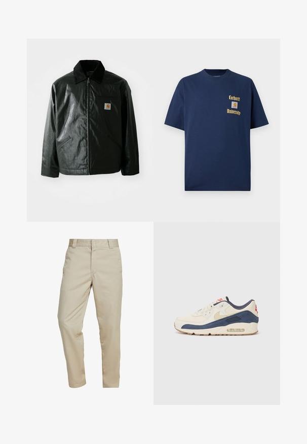 Giacca nera con zip realizzata in materiale liscio e lucido. Presenta un colletto in corduroy, due tasche frontali e una piccola patch con logo sul petto.; T-shirt in cotone blu navy con maniche corte, caratterizzato da testo dorato "Carhartt University" e un patch del logo sul lato sinistro del petto.; Carhartt WIP MASTER PANT - Pantaloni - wall rinsed; Sneaker con una tomaia in pelle crema e suede blu navy, dotate di una soletta ad aria visibile, suola in gomma beige e accento rosso sul tallone.