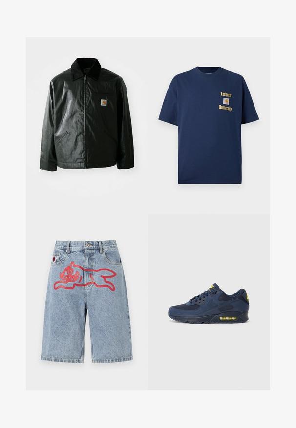 Crna zip-up jakna izrađena od glatkog, sjajnog materijala. Ima okovratnik od kordura, dva prednja džepa i mali logotip na prsima.; Tamno plavi pamukasti majica s kratkim rukavima, s zlatnim natpisom "Carhartt University" i logotipom na lijevoj strani grudi.; Svijetloplave traper šortse s labavim krojem, s velikim crvenim grafičkim prikazom trčeće životinje na leđima. Dizajn s pet džepova i zatvaranjem na dugme.; Tamno plavi Nike Air Max tenisice s gornjim dijelom od antilopa i mrežice, s žutim akcentima, vezanjem sprijeda i vidljivim zračnim jastučićima u potplatu.