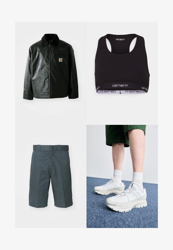 Jachetă neagră cu fermoar, confecționată dintr-un material neted și lucios. Prezintă un guler din catifea, două buzunare frontale și un mic logo brodat pe piept.; Sutien sport negru cu decolteu rotund și design tip racerback. Dispune de un elastic întărit cu brandul alb "carhartt". Textură moale a materialului.; Șorturi gri închis, fabricate dintr-un material rezistent. Prezintă un croi clasic drept, față plată și bucle standard pentru curea. Nu au buzunare vizibile.; Pantofi sport albi cu suprapuneri texturate, talpă masivă și accente gri. Purtați cu șosete albe până la glezne și pantaloni scurți verzi pe o suprafață albastră.