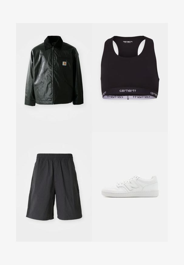 Sort lynlåsejakke lavet af glat, blankt materiale. Har en kordfløjlsfarvet krave, to forlommer og et lille logo-patch på brystet.; Sort sports-bh med rund halsudskæring og racerback-design. Har et forstærket taljebånd med hvid "carhartt" branding. Blød stoftekstur.; Sorte shorts med en struktureret, ribbet design, elastisk talje og to sidelommer. Casual stil, længde over knæet.; Hvide sneakers lavet af glat læder, med perforeret tå, en tekstureret gummisål, flade snørebånd og et fremtrædende 'N' logo på siden.
