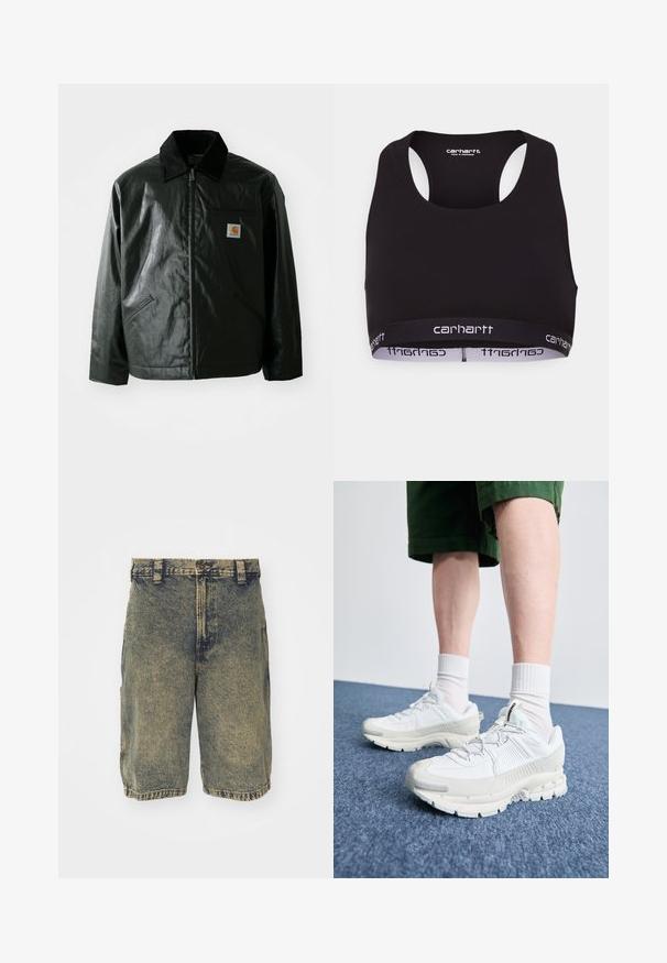 Czarna kurtka zapinana na zamek, wykonana z gładkiego, błyszczącego materiału. Posiada kołnierz z kordurowej tkaniny, dwie przednie kieszenie oraz małą naszywkę z logo na klatce piersiowej.; Czarny stanik sportowy z okrągłym dekoltem i konstrukcją na plecach typu racerback. Posiada wzmocniony pas z białym logo "carhartt". Miękka tekstura materiału.; Jeansowe szorty w jasnoniebieskim kolorze z wyblakłym wykończeniem. Posiadają klasyczny pas z przelotkami na pasek oraz proste nogawki, kończące się tuż nad kolanem.; Białe buty sportowe z teksturowanymi nakładkami, masywną podeszwą i szarymi akcentami. Nosi się je z białymi skarpetami do kostek i zielonymi szortami na niebieskiej powierzchni.