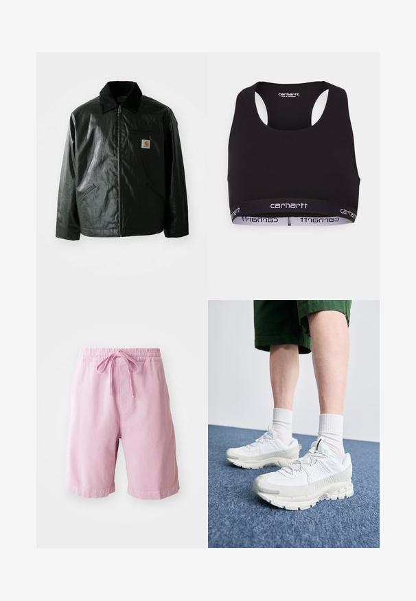 Zwarte ritssluiting jas van glad, glanzend materiaal. Heeft een corduroy kraag, twee voorzakken en een klein logo label op de borst.; Zwarte sportbeha met een ronde halslijn en racerback ontwerp. Voorzien van een versterkte tailleband met witte "carhartt" branding. Zachte stof textuur.; Lichtroze korte broek van katoen, met een elastische tailleband en trekkoord, en rechte pijpen met gestikte zoomdetails.; Witte sportieve schoenen met textuuroverlays, een dikke zool en grijze accenten. Draag ze met witte crew-sokken en groene shorts op een blauwe ondergrond.