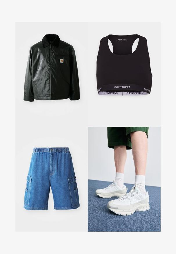 Must mustaga, läikiva materjaliga musta värvi jakk. Omab kordonilõikega kraed, kahte esikäe taskut ja väikest logo sildi rinnal.; Must mustriba ümmarguse kaelusega ja raceri seljaosaga. Omab tugevdatud vöökohta valge "carhartt" brändimisega. Pehme kangast tekstuur.; Keskmise sinise värvusega denimpüksid, millel on elastne vöökoht, mitmed küljeotstaskud ja sirge lõige. Tekstureeritud kangas, millel on nähtavad nõelad.; Valged sportsijalatsid tekstuursete pealsete, kopsaka tallaga ja hallide aktsentidega. Kanda valgete lühikeste sokkidega ja roheliste lühikeste pükstega sinisel pinnal.