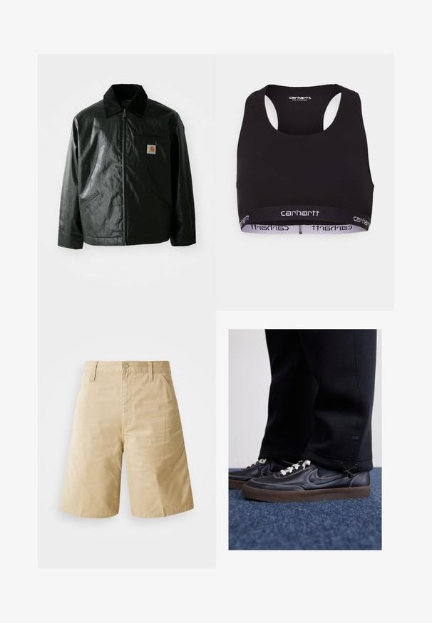 Svart zip-up jakke laget av jevnt, blankt materiale. Har en kordfløyelskrage, to frontlommer og en liten logo-lapp på brystet.; Svart sports BH med rund hals og racerback-design. Har et forsterket liv med hvit "carhartt" merkevare. Myk tekstur.; Beige bomullsshorts med rett snitt, med knappelukking, glidelås og sidelommer. Glatt tekstur og frynsede detalj foran.; Nike Sportswear KILLSHOT 2 LTR PRM OPP2 - Joggesko - black sail baroque brown mtlc dk grey