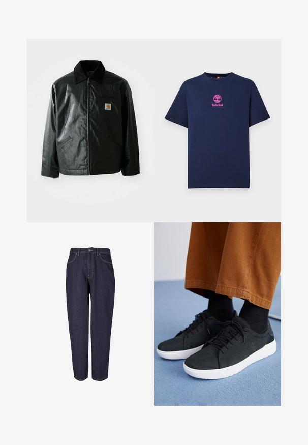 Černá zipová bunda vyrobená z hladkého, lesklého materiálu. Má jemný manžetový límec, dvě přední kapsy a malou značkovou nášivku na hrudi.; Námořnická modrá bavlněná trička s kulatým výstřihem a krátkými rukávy. Na hrudi má růžové logo Timberland s designem stromu.; Tmavé džínsy s rovnou nohavicí, které mají tradiční styl pěti kapes, jemné zlaté prošívání a kovové zapínání na knoflík.; Černé semišové tenisky s bílými gumovými podešvemi, s šněrovacím designem, texturovanými detaily a jemným logem, spárované s hnědými kalhotami.