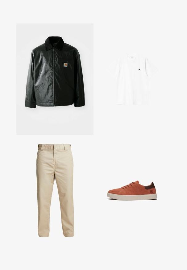 Schwarze Zip-Jacke aus glattem, glänzendem Material. Verfügt über einen Cordkragen, zwei Fronttaschen und ein kleines Logo-Patch auf der Brust.; Weißes Baumwoll-T-Shirt mit kurzen Ärmeln, Rundhalsausschnitt und kleinem schwarzem Logo auf der linken Brust. Weicher Stoff und normale Passform.; Beige Baumwollhose mit schmaler Passform, geraden Beinen und Gürtelschlaufen; glatte Textur und minimalistisches Design ohne sichtbare Akzente.; Elegante Low-Top-Sneaker aus burnt-orange Wildleder mit braunen Lederelementen und kontrastierender weißer Gummisohle. Runde Schuhspitze und fünf Ösen für die Schnürsenkel.