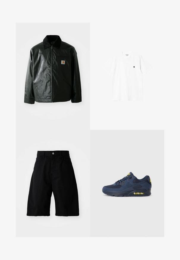 Svart zip-up jakke laget av jevnt, blankt materiale. Har en kordfløyelskrage, to frontlommer og en liten logo-lapp på brystet.; Hvit bomull t-skjorte med korte ermer, rund hals og en liten svart logo på venstre bryst. Myk tekstur og standard passform.; Svarte bomullsshorts har en avslappet passform, to sidelommer, glidelås og rene kanter, egnet for hverdagsbruk.; Marineblå Nike Air Max sneakers med overdel i ruskind og mesh, med gule detaljer, snørebånd fortil og synlig luftdæmpning i sålen.