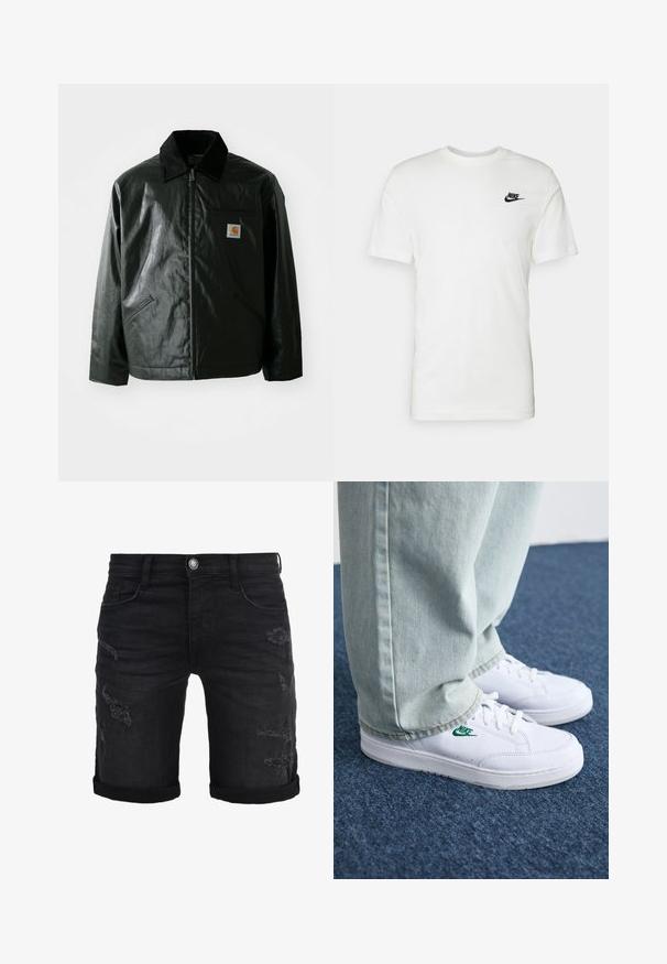 Svart zip-up jacka gjord av slätt, glänsande material. Har en manchesterkrage, två framfickor och en liten logotyp på bröstet.; Vit bomull t-shirt med kort ärm, rund halsringning och en svart Nike-logga på vänster bröstområde. Slät textur och klassisk passform.; Svarta denim-shorts med rullade fållar, med slitna detaljer framtill. Klassisk femfickorsdesign med metallknapp.; Vita lädersneakers med grön Nike-logga, rund tå, platt sula, kombinerade med ljusblå denimbyxor, visade på en blå matta.