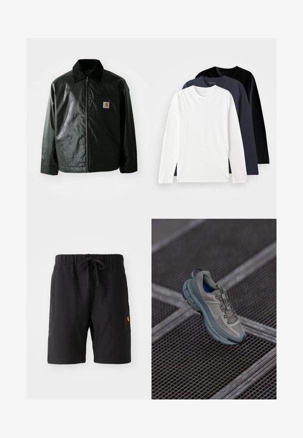 Black zip-up jacket made of smooth, shiny material. Features a corduroy collar, two front pockets, and a small logo patch on the chest.; Three long-sleeve T-shirts stacked: one white, one dark navy, and one black. Made of smooth cotton, featuring round necklines and side slits.; Black shorts with an elastic waistband and drawstring. Features a side pocket and a small logo in red and yellow on the lower left side.; Beige and gray athletic shoe with textured mesh upper, rounded toe, and rubber sole, featuring laces and a padded collar.