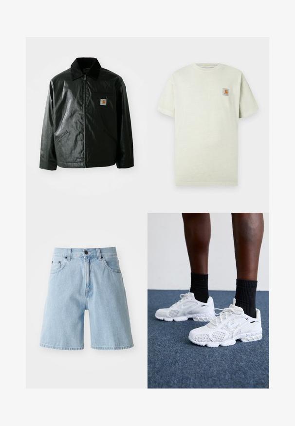 Black zip-up jacket made of smooth, shiny material. Features a corduroy collar, two front pockets, and a small logo patch on the chest.; Light green cotton t-shirt with short sleeves, round neckline, and a small square patch with a logo on the left chest. Soft texture.; Light blue denim shorts with a relaxed fit, five-pocket design, and a button fastening at the waist; raw hem at the legs.; White athletic shoes with mesh upper, textured accents, and cushioned sole. Paired with black ribbed ankle socks on a blue carpeted surface.