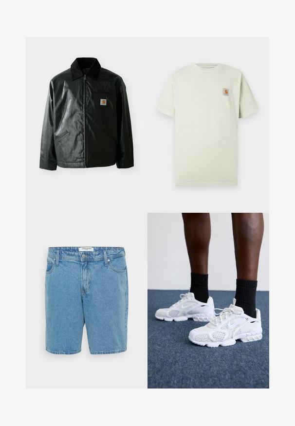 Must mustaga, läikiva materjaliga musta värvi jakk. Omab kordonilõikega kraed, kahte esikäe taskut ja väikest logo sildi rinnal.; Hele roheline puuvillane t-särk lühikeste varrukatega, ümar kaelus ja vasakul rinnal väike ruuduline logoplaat. Pehme tekstuur.; Heledad sinised teksashortsid klassikalise lõikega. Omab viit taskut, nööbi kinnistust ja peent kulunud tekstuuri. Valmistatud puuvillasest kangast.; Valged spordijalatsid, millel on võrkmaterjalist pealne, tekstuuriga detailid ja pehme tallaga. Koos mustade ribadena sokkidega sinisel vaipkattega pinnal.