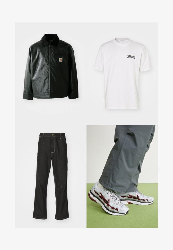 Sort lynlåsejakke lavet af glat, blankt materiale. Har en kordfløjlsfarvet krave, to forlommer og et lille logo-patch på brystet.; Hvid bomulds t-shirt med korte ærmer og rund halsudskæring. Har et sort "Carhartt" logo trykt på den øvre venstre brystområde.; Sorte denimjeans med løs pasform, der har kontrasterende hvid syning, en knaplukning og et lige ben-design.; Nike Sportswear P 6000 - Sneakers - pure platinum/dark team red/metallic platinum/white/black